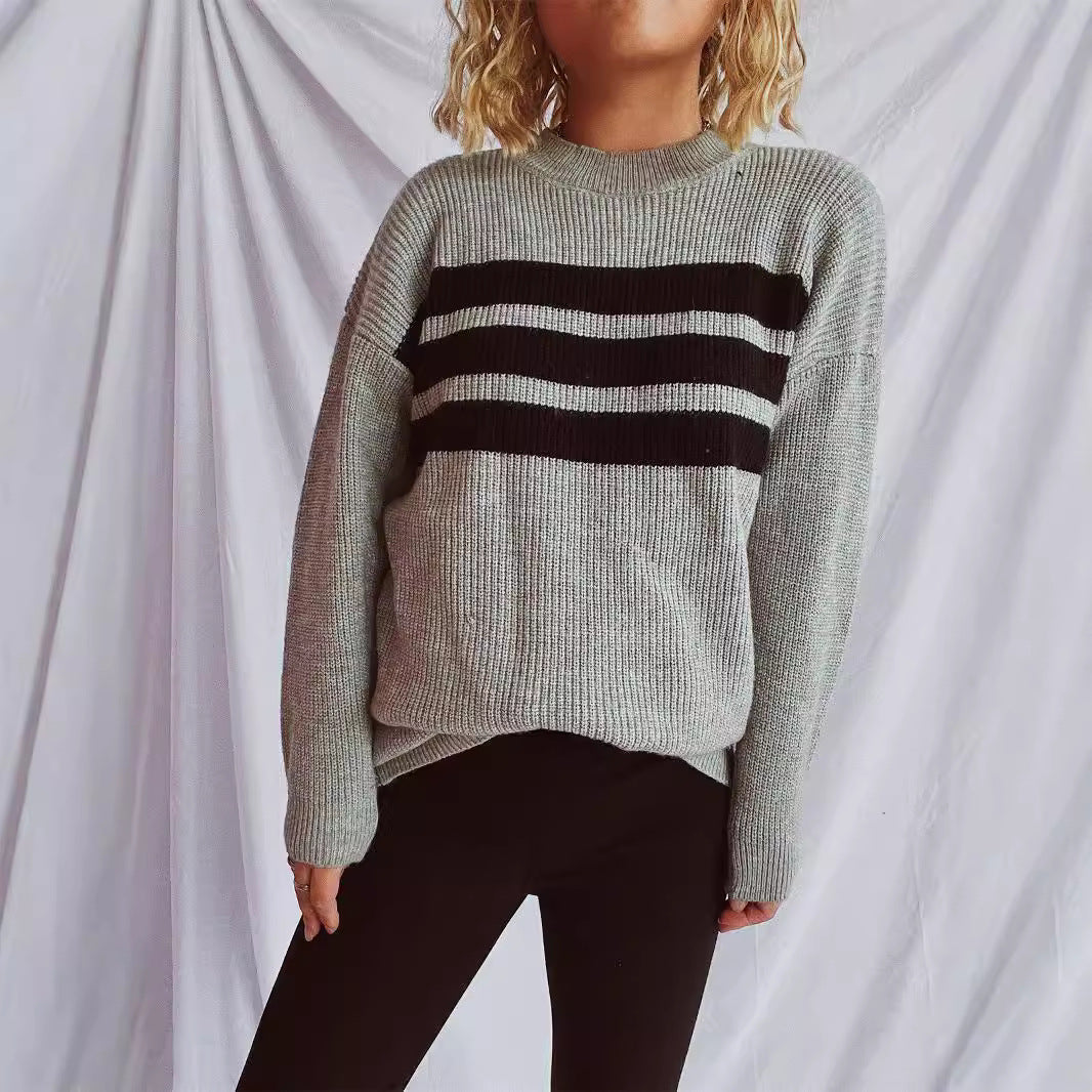 Damen Strickpullover Oversized Horizontalstreifen Beige