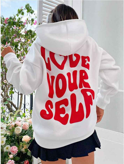 Damen Hoodie Kordelzug Kängurutasche Love Yourself Rückenprint