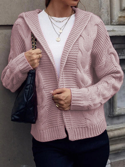 Damen Cardigan Grobstrick Kapuze Zopfmuster Beige