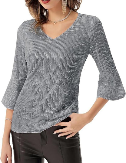 Damen Strickoberteil V-Ausschnitt Glitzernde Akzente Eveloria