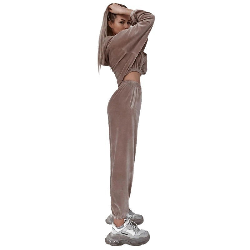 Damen Velours Loungewear-Set mit Cropped Hoodie und elastischer Hose