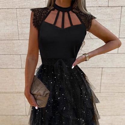 Damen Cocktailkleid Spitzenrand Glitzernd Tüll