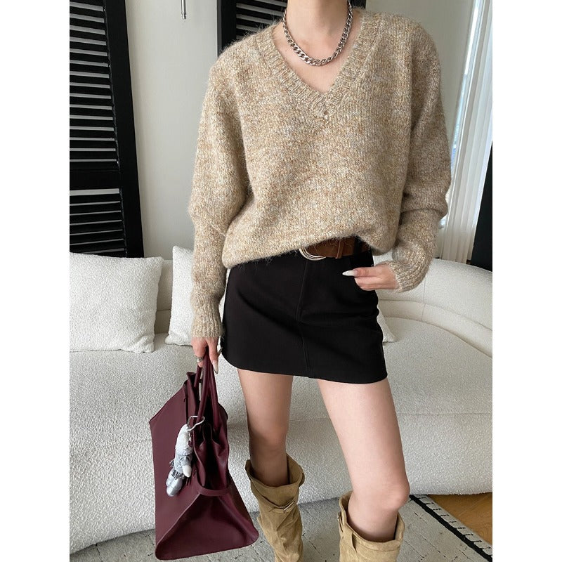Damen Pullover V-Ausschnitt Weich aus Merino-Wolle Beige