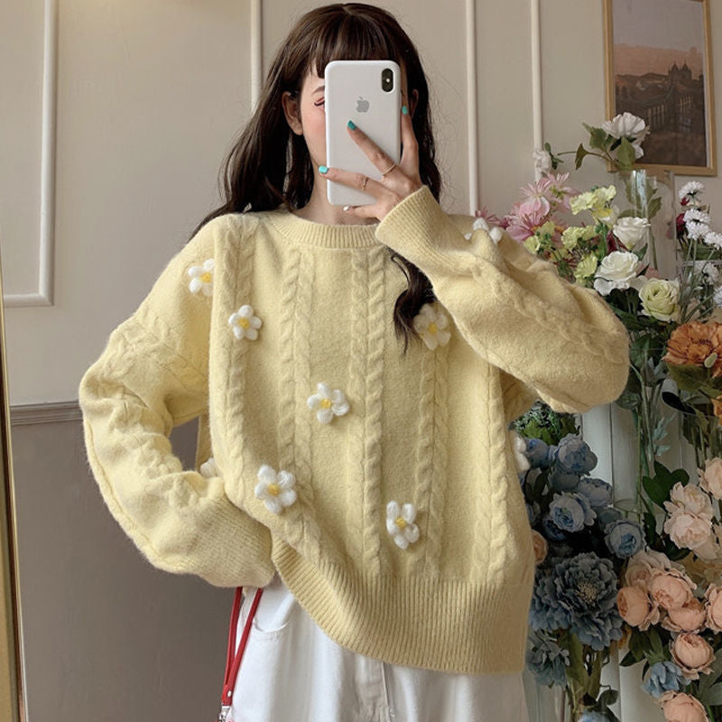 Damen Grobstrickpullover Blumenapplikationen Eveloria - Eveloria