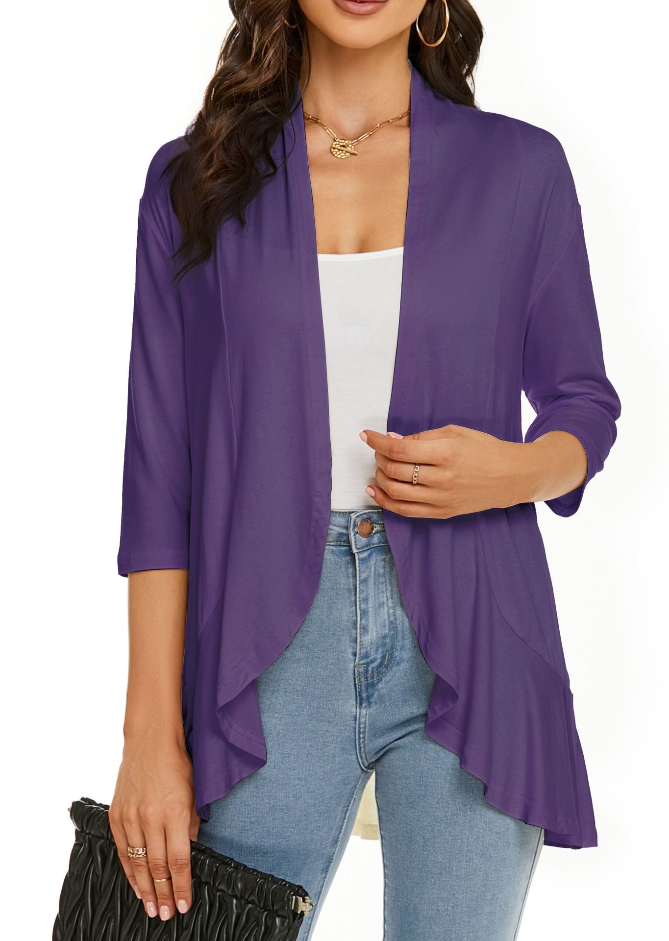 Eveloria Damen Strickjacke Einfarbig 7/8 Ärmel Rüschenrand