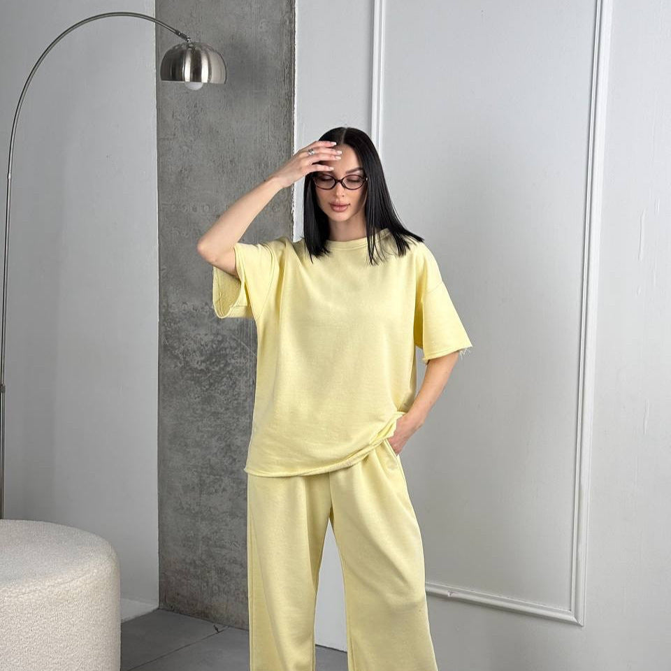Damen Relaxed-Fit Oberteil und Hose Set mit Seitentaschen Beige