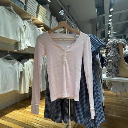 Damen Langarmshirt Rippstruktur Knopfleiste Fein Eveloria