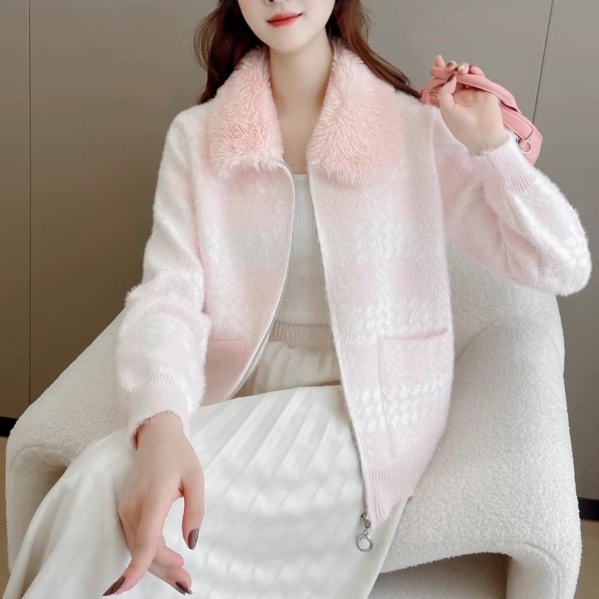 Damen Strickjacke mit Kunstfellkragen Eveloria