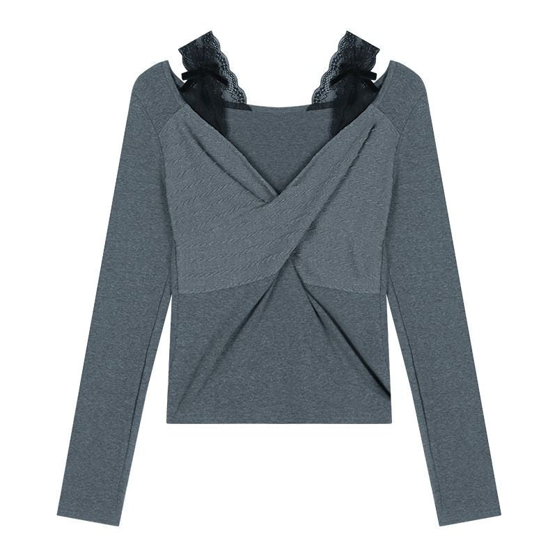 Damen Langarmshirt Spitze Raffung Elegant Weiß