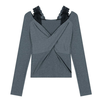 Damen Langarmshirt Spitze Raffung Elegant Weiß