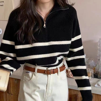 Damen Pullover Streifenmuster mit Reißverschluss Eveloria