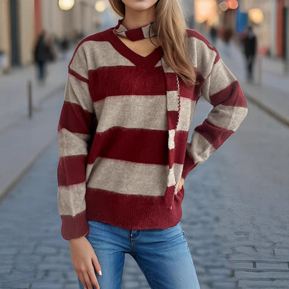 Damen Strickpullover Lässig Schlaufenakzente Beige