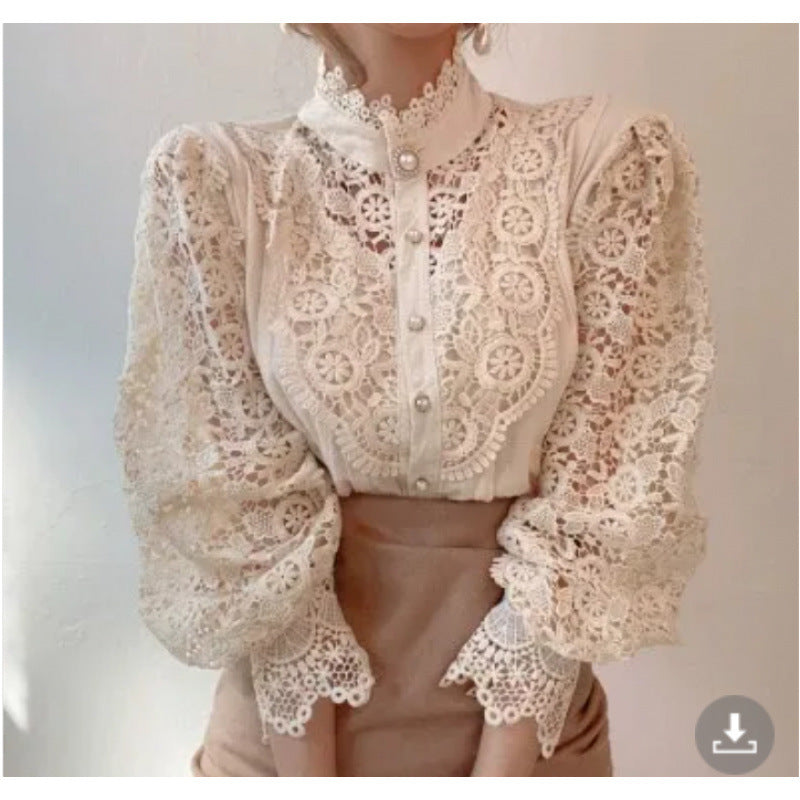 Damen Spitzenbluse Hochkragen Elegant Weiß