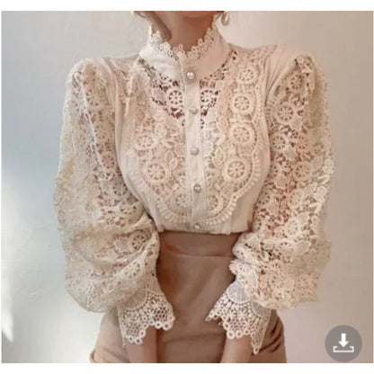 Damen Spitzenbluse Hochkragen Elegant Weiß