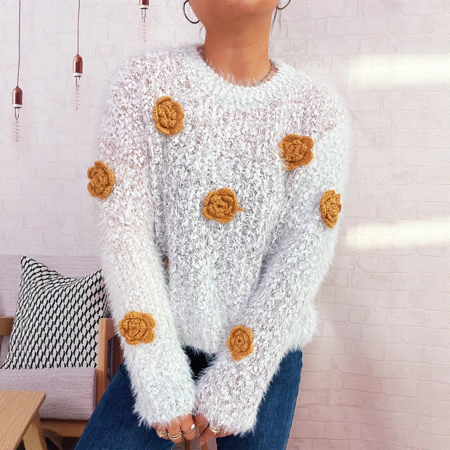 Damen Strickpullover Kuschelig Floralmuster Eveloria