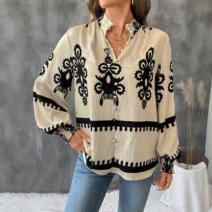 Damen Bluse Botanischer Druck Puffärmel Eveloria