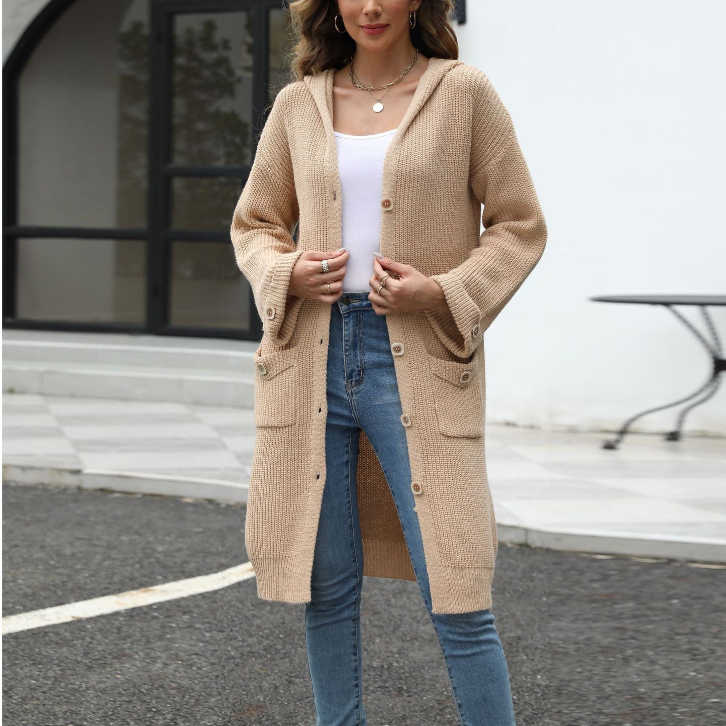 Damen Strickcardigan Weich Modische Knöpfe Beige