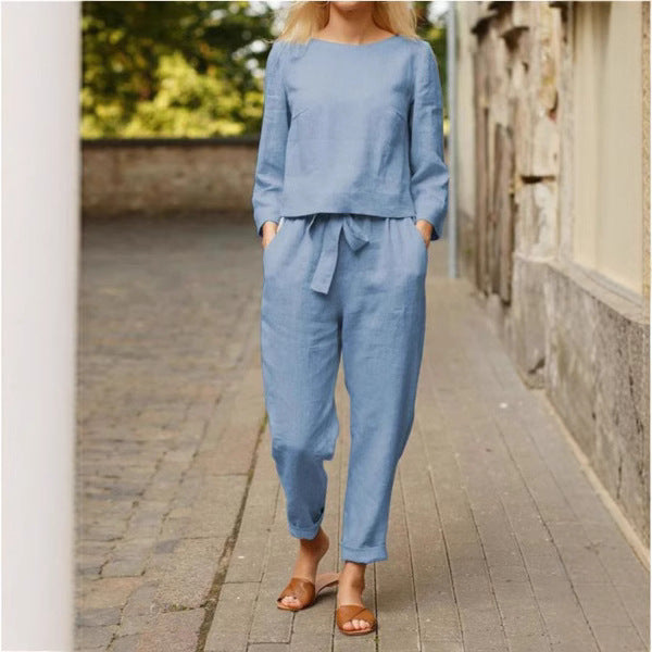 Damen Leinen-Set Zweiteilig mit Oberteil und Hose Beige