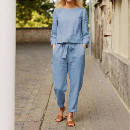 Damen Leinen-Set Zweiteilig mit Oberteil und Hose Beige