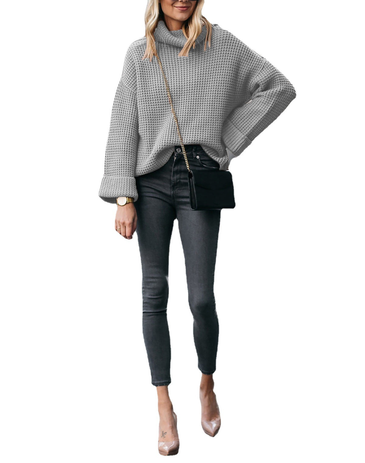 Damen Grobstrickpullover Weite Ärmel Hoher Kragen Eveloria