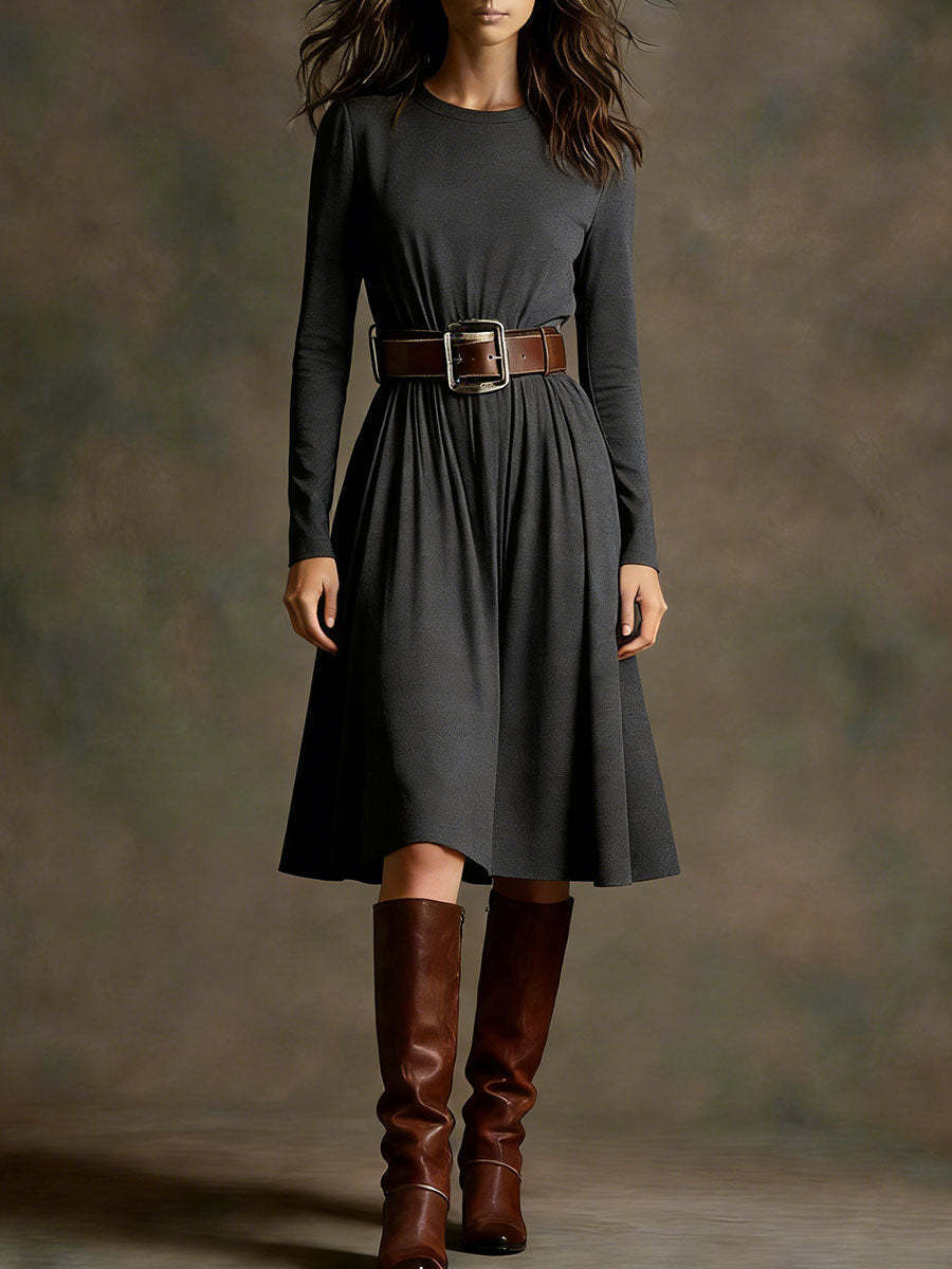 Damen Elegantes Kleid Langarm Taillengürtel Eveloria