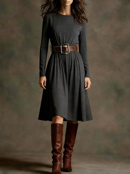 Damen Elegantes Kleid Langarm Taillengürtel Eveloria