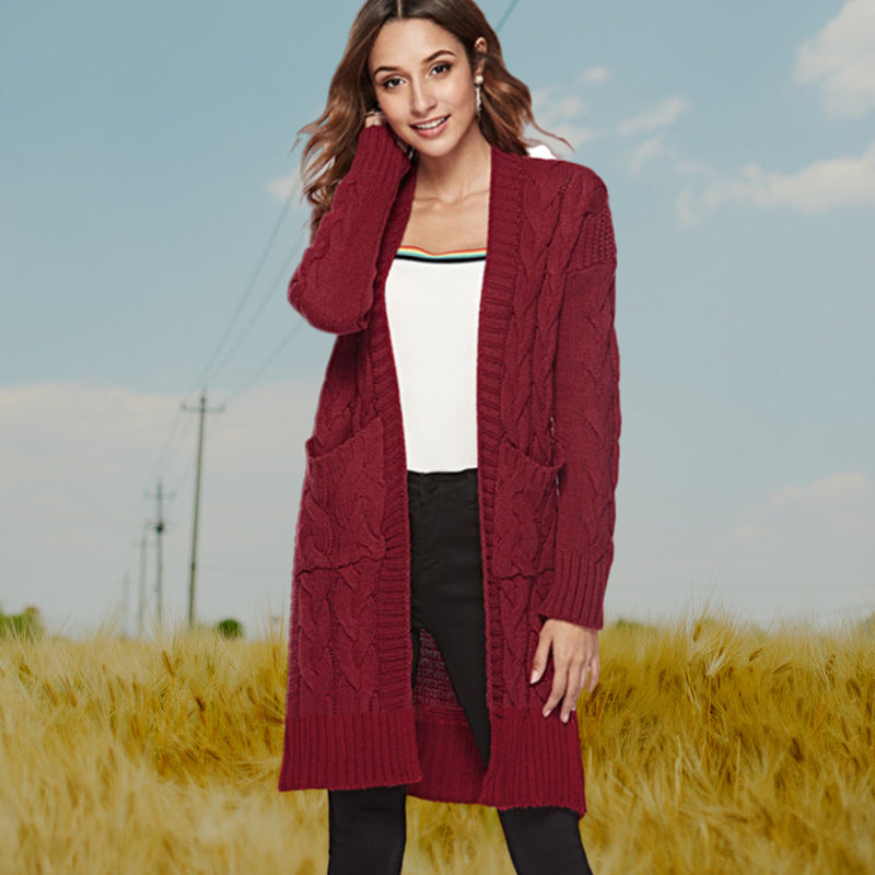 Damen Cardigan Grobstrick Zopfmuster Beige mit Taschen