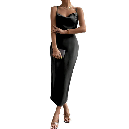 Damen Satin Maxikleid V-Ausschnitt Feine Träger Eveloria