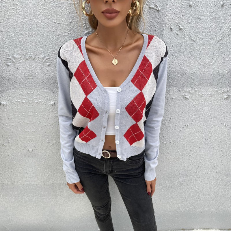 Damen Strickcardigan Rautenmuster Knöpfe Anthrazit