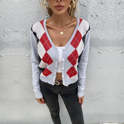 Damen Strickcardigan Rautenmuster Knöpfe Anthrazit