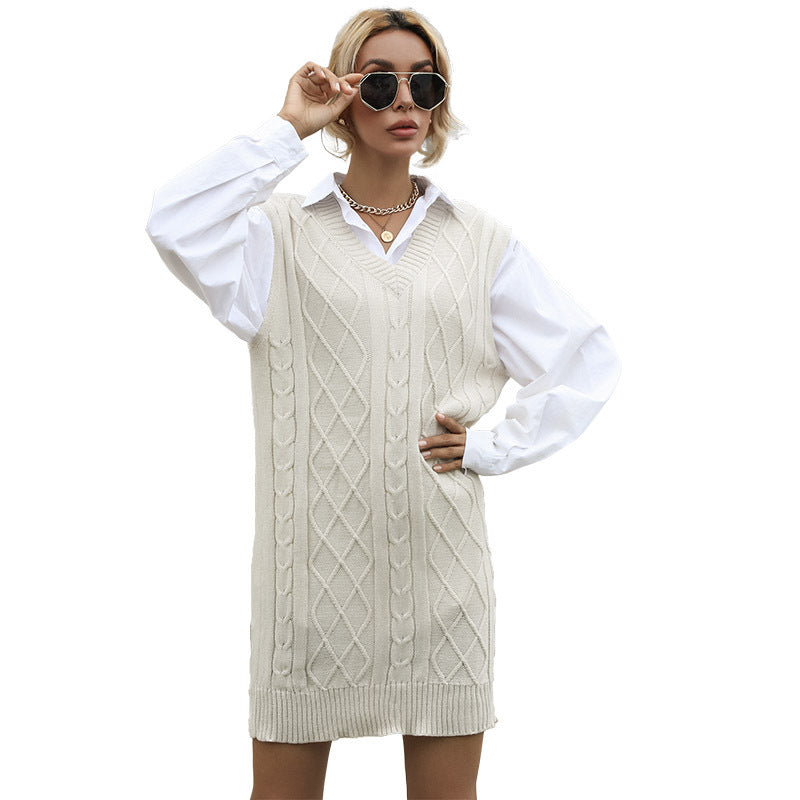 Damen Strickkleid V-Ausschnitt dekorativer Gürtel
