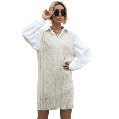 Damen Strickkleid V-Ausschnitt dekorativer Gürtel