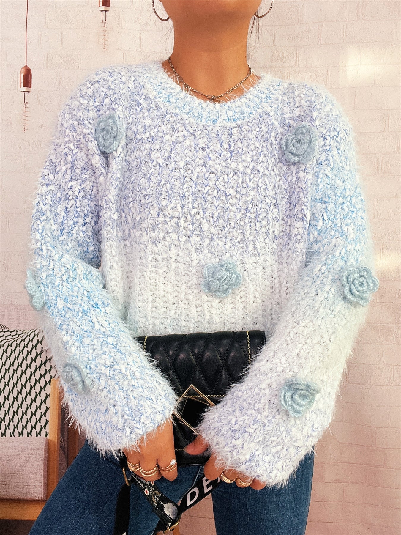 Damen Strickpullover Kuschelig Floralmuster Eveloria