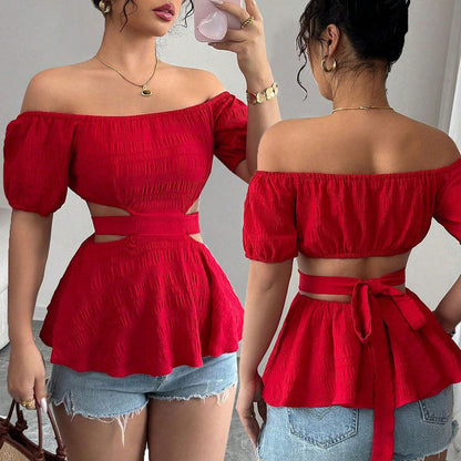 Damen Off-Shoulder Bluse Rüschensaum Seitliche Cut-Outs - Eveloria