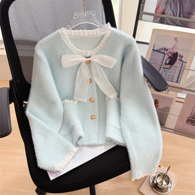 Damen Cardigan Flauschig Schleifenkragen Dekorative Knöpfe Eveloria - Eveloria