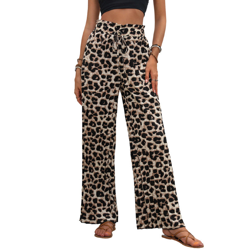 Damen Leinenhose Weit Geschnitten Elastischer Bund Leopardenmuster