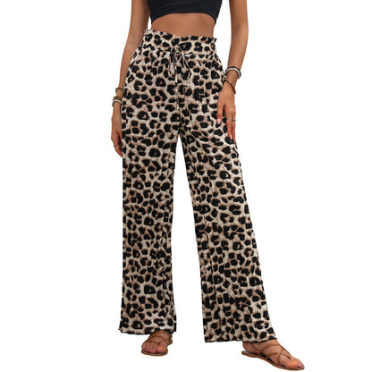 Damen Leinenhose Weit Geschnitten Elastischer Bund Leopardenmuster