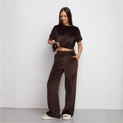 Damen Satin Loungewear Set Lässiger Schnitt Weite Hose - Eveloria