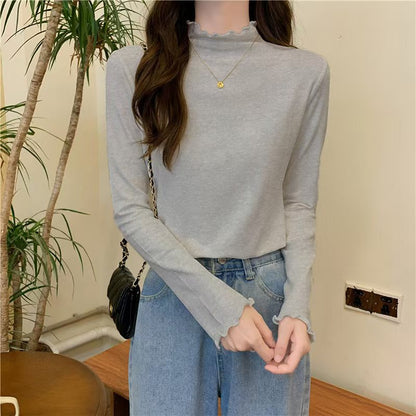 Damen Langarmshirt Stehkragen Rüschen Eveloria