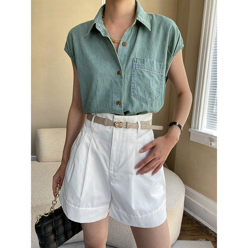 Damen Bluse Kurzarm Klassischer Hemdkragen Weiß - Eveloria