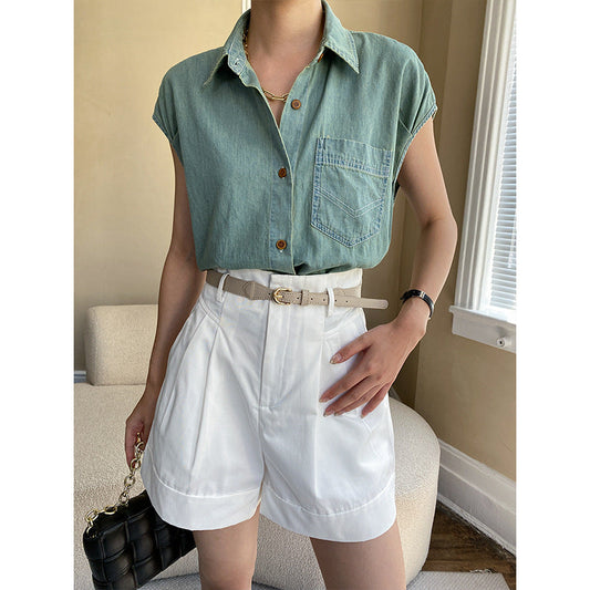 Damen Bluse Kurzarm Klassischer Hemdkragen Weiß - Eveloria