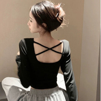 Damen Crop- Langarm Crisscross Rücken V-Ausschnitt