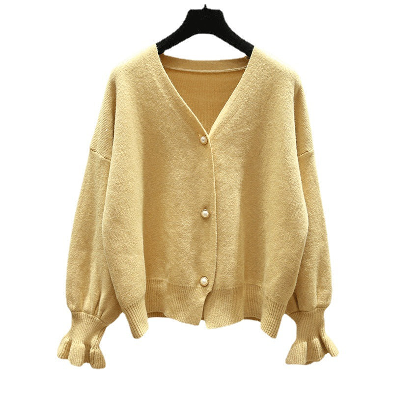 Damen Strickjacke Weit Perlenknöpfe Beige