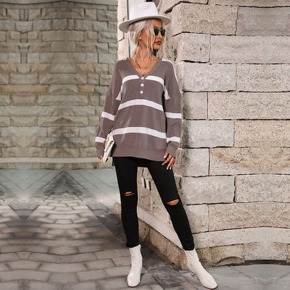 Damen Strickpullover V-Ausschnitt Knöpfe Beige Eveloria