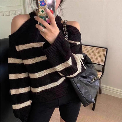 Damen Oversized Pullover Offene Schulter Streifenmuster Eveloria