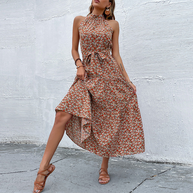 Damen Maxikleid Florale Rüschen Taillengürtel Eveloria