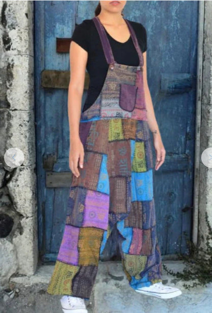 Damen Latzhose Patchwork Weite Beine Praktische Taschen Eveloria