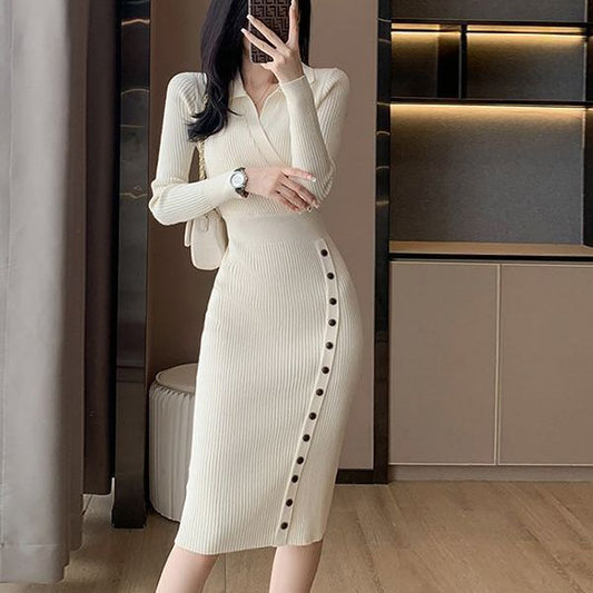 Damen Strickkleid Wickeloptik Knöpfe Schwarz Eveloria - Eveloria