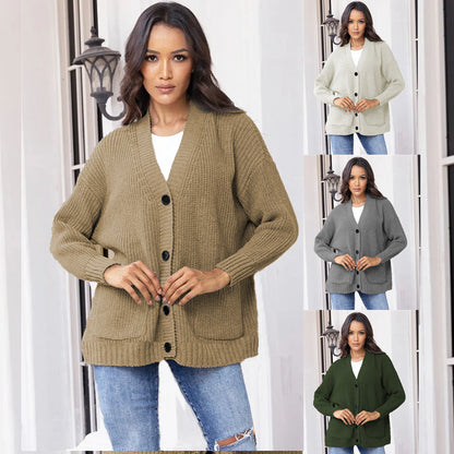 Damen Cardigan Grobstrick mit großen Taschen V-Ausschnitt Beige - Eveloria