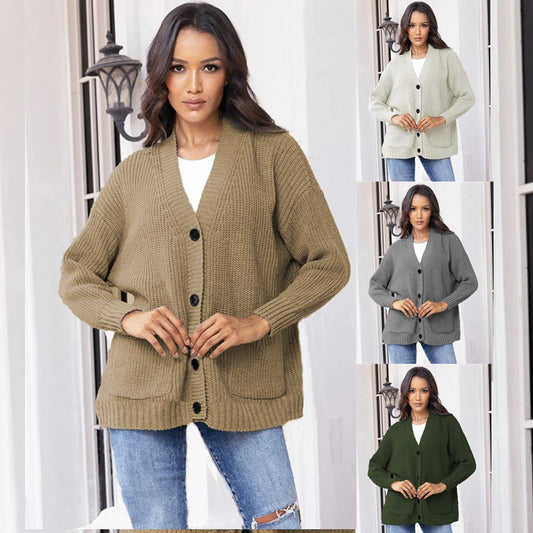 Damen Cardigan Grobstrick mit großen Taschen V-Ausschnitt Beige - Eveloria